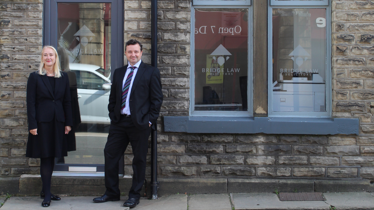Photo of Bridge Law Holmfirth office with Claire Stewart, Director of Bridge Law and Jonathan Cass, the firms new commercial property and litigation solicitor
